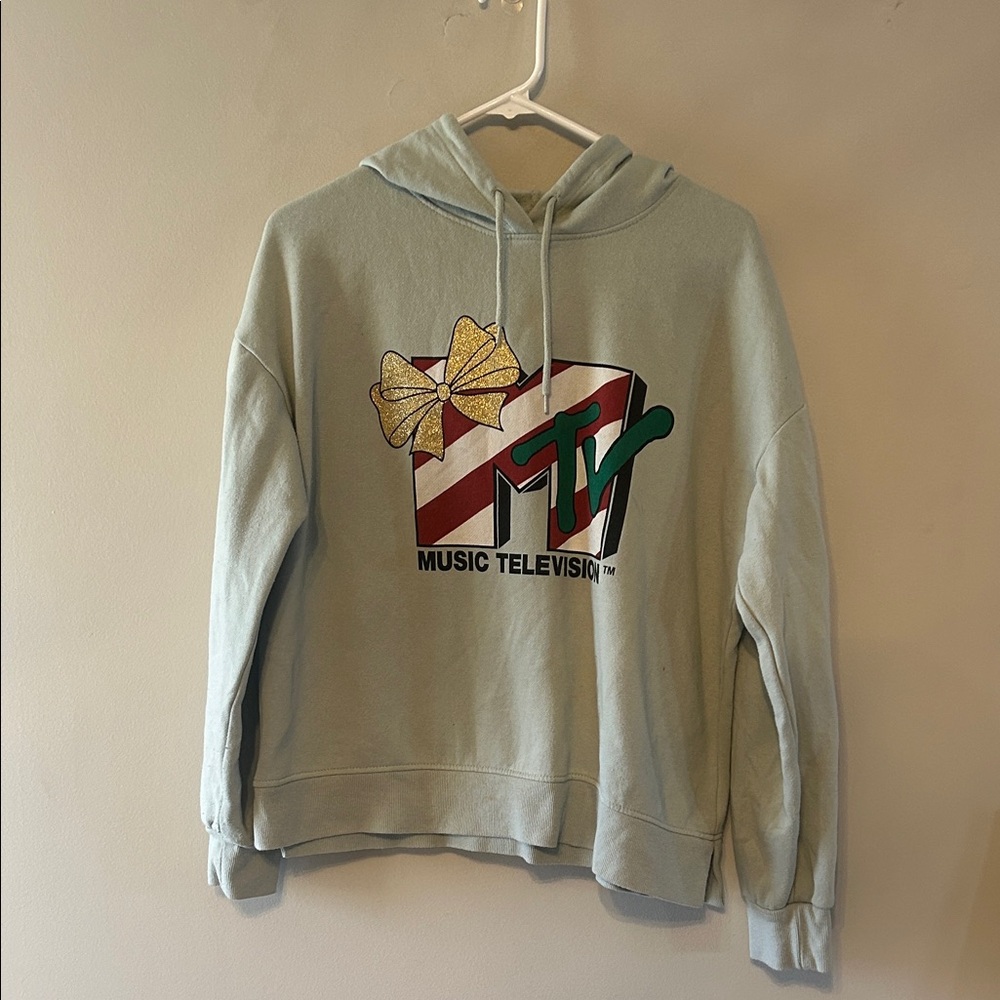 MTV Pastel Blue Hoodie with Gold and Green Logo
